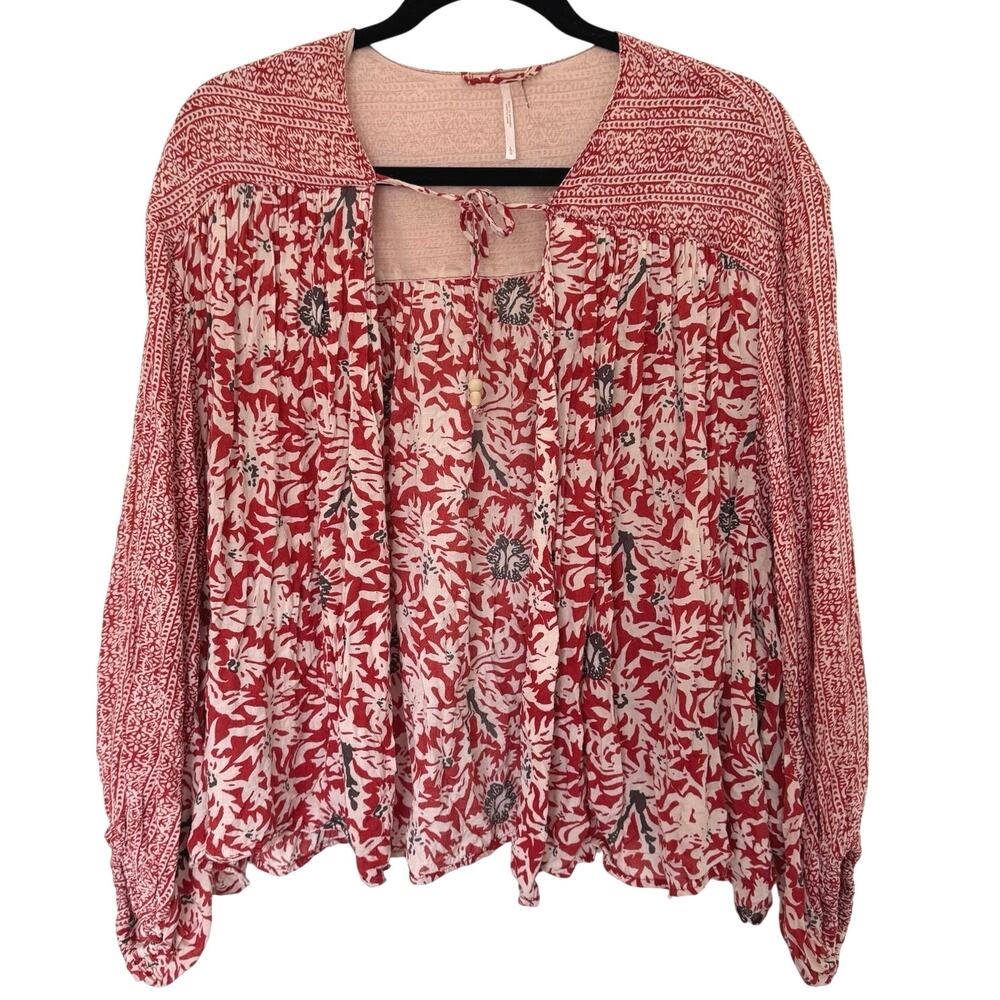 Free People (L) Red Floral Print Boho Peasant Blouse Balloon Duster Kimono Top